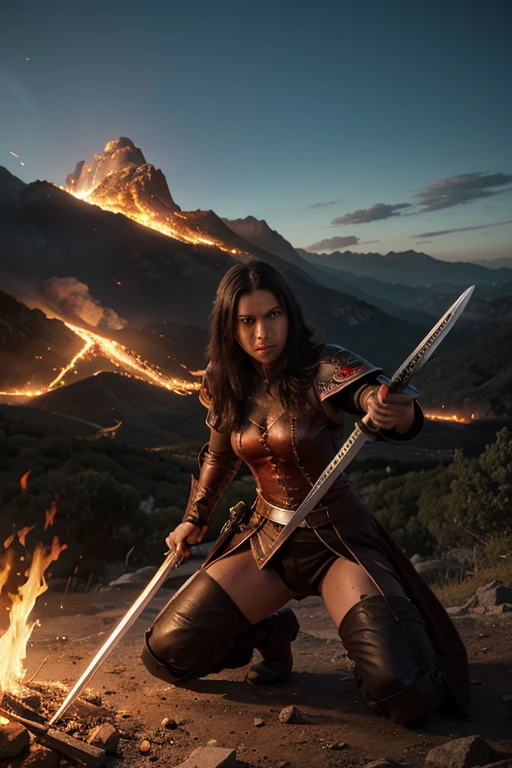 "((Epic fantasy scene)) In Diablo 4: Powerful and charming female magician,Decorated in magic "Unlimited bathrobes," Stand in the middle of the battlefield, engulfed in a magical flame. Her hands exude immense mysterious power, Cast intricate spells,structure, Formative reality. The sky overhead is darkening, When dark clouds swirl, Crackling bolts ({{Crimson zipper}}). Ao redor dela, Towering ancient ruins echo the whispers of forgotten civilizations.