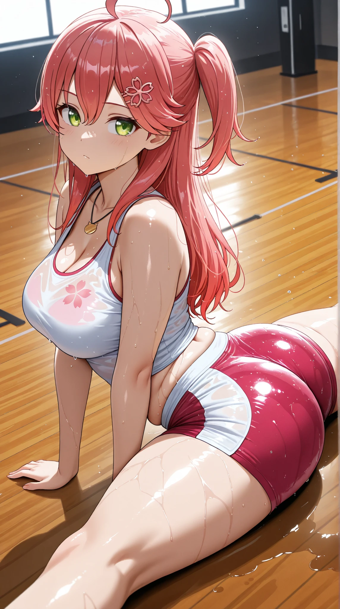 (Highest quality, 4K, 8k, High resolution, masterpiece:1.2), Very detailed, Picturesque, Animated Photography, Photo Animation:1.37)、Japanese schoolgirl、(Red Hair)、(Long Hair)、(yellow star hair ornament)、(white Volley Uniform:1.3),(pink buruma:1.4),Volley Uniform,sports shoes,tight clothes,Pink pantybriefs,(plump thighs:1.1),cameltoe,(indoor volleyball court:1.3)、Put a vibrator in your vagina,pussy juice、Black choker、Ecstasy face、Sweat、Are crying、vapor、trembling、Nakano May