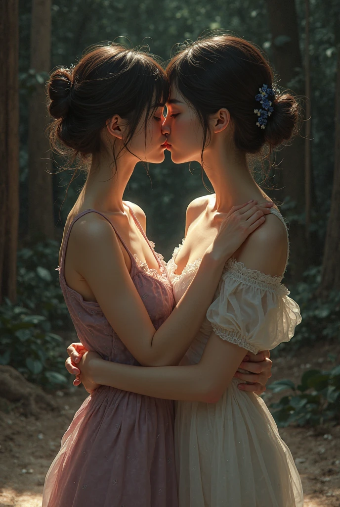 
((masterpiece:1.4, Highest quality)), (Realistic photos:1.4), 
((two stunning girls are deeply in love with each other, kiss)), (Otherworldly beauty), (dream-like),
(超High resolution:1.2), Very delicate and beautiful, wonderful, Very detailed CG Unity 8k wallpaper, Very detailed, High resolution, 
Soft Light, Beautiful detailed girl, Very detailedな目と顔, Beautiful and detailed nose, Beautiful and detailed, 
(Dressed in late 19th century French costume:1.3),
Cinema Lighting, Perfect Anatomy, Slender body, (Parted bangs),
(The world of impressionist paintings:1.5), (Impressionist light and color), 
Cowboy Shot