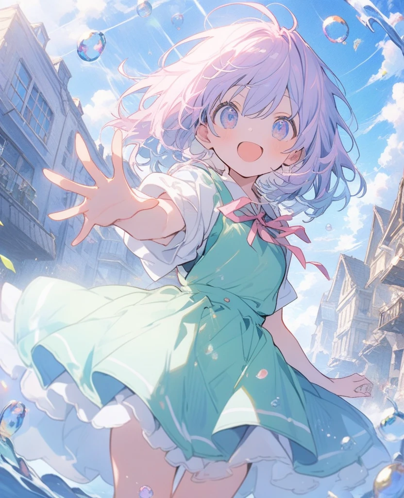singing "rain rain ra~in guerri guerrilla~♪", best quality, super fine, 16k, incredibly absurdres, extremely detailed, 2.5D, extremely detailed, delicate and dynamic depiction, Kanna Kamui skips happily in the rain, yellow umbrella, yellow boots, Iridescent rain pouring down, water splashing, sunlight spilling through the gaps in the clouds, sparkling effects, dancing notes
