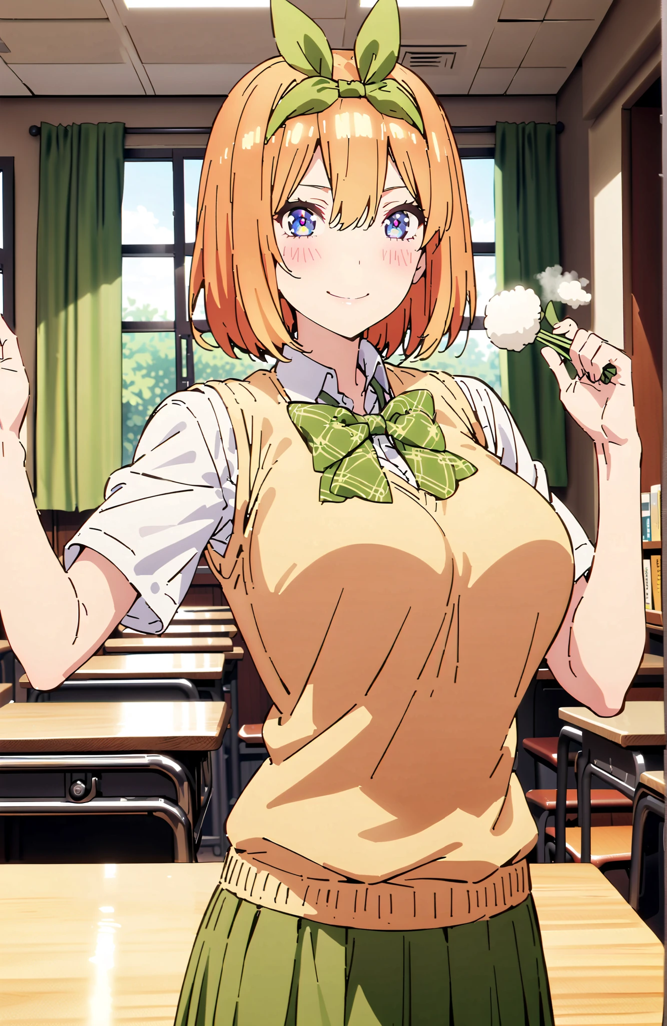 score_9, score_8_up, score_7_up, 中野四葉, bungs, short hair, blue eyes, hair between eyes, hair ribbon, headband, orange hair, (green ribbon:1.5), smile,blush,grinning,Big Breasts,
in their 40s skirt, shirt, bow, ribbon, uniform, white shirt, short sleeve, green mini pleated skirt, collared shirt, miniskirt, bowtie, black socks, loafers, green bow, sweater vest, green ribbon, (yellow sweater vest:1.5),Holding a green bouquet in the left hand,right hand is peace sign,standing,curtains,window,machine,chairs, Flower blowing snow, Beautiful Streetscapes,
in their 40s indoors, Classroom,
in their 40s looking at viewer,full body,
in their 40s (masterpiece:1.2), Highest Quality, high resolution, Unity 8k Wallpaper, (Illustrations:0.8), (beautifully detailed eyes:1.6), very detailed face, perfect lighting, very detailed CG, (perfect hand in h, perfect anatomy),