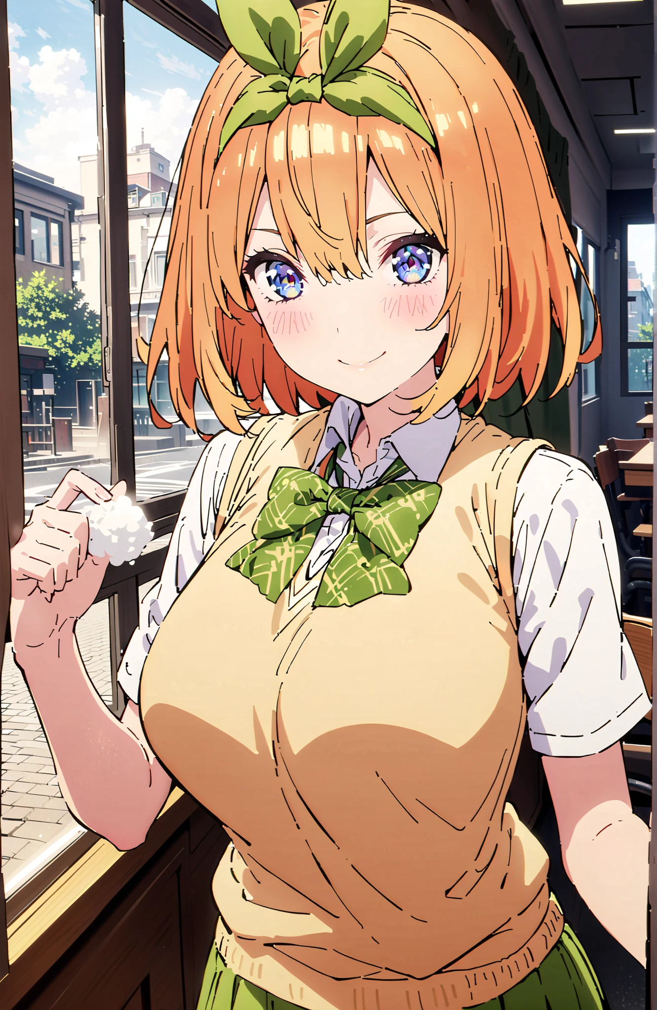 score_9, score_8_up, score_7_up, 中野四葉, bungs, short hair, blue eyes, hair between eyes, hair ribbon, headband, orange hair, (green ribbon:1.5), smile,blush,grinning,Big Breasts,
in their 40s skirt, shirt, bow, ribbon, uniform, white shirt, short sleeve, green mini pleated skirt, collared shirt, miniskirt, bowtie, black socks, loafers, green bow, sweater vest, green ribbon, (yellow sweater vest:1.5),Holding a green bouquet in the left hand,right hand is peace sign,standing,curtains,window,machine,chairs, Flower blowing snow, Beautiful Streetscapes,
in their 40s indoors, Classroom,
in their 40s looking at viewer,full body,
in their 40s (masterpiece:1.2), Highest Quality, high resolution, Unity 8k Wallpaper, (Illustrations:0.8), (beautifully detailed eyes:1.6), very detailed face, perfect lighting, very detailed CG, (perfect hand in h, perfect anatomy),
