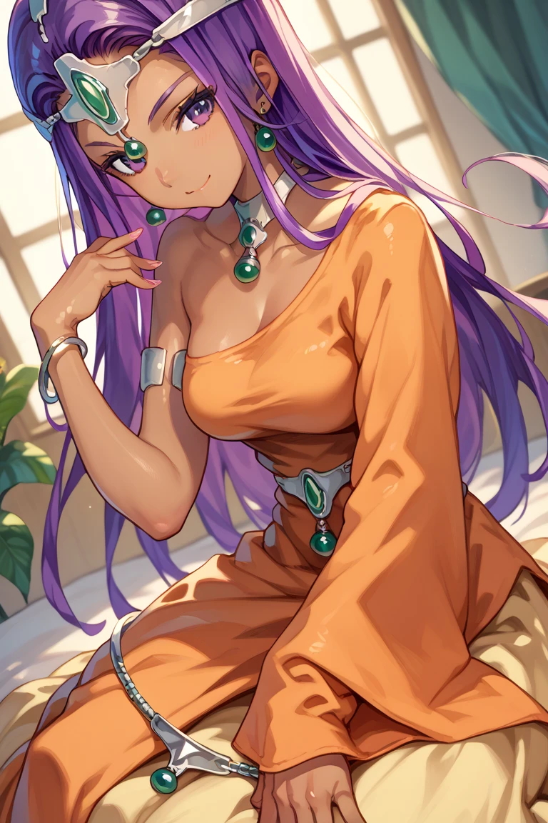((Best quality)), ((masterpiece)), top quality), standing alone, long purple lavender hair, mint green eyes, woman, hourglass figure, long purple dress, Caramel skin, light brown skin, cocky smile, wide hips, tiara