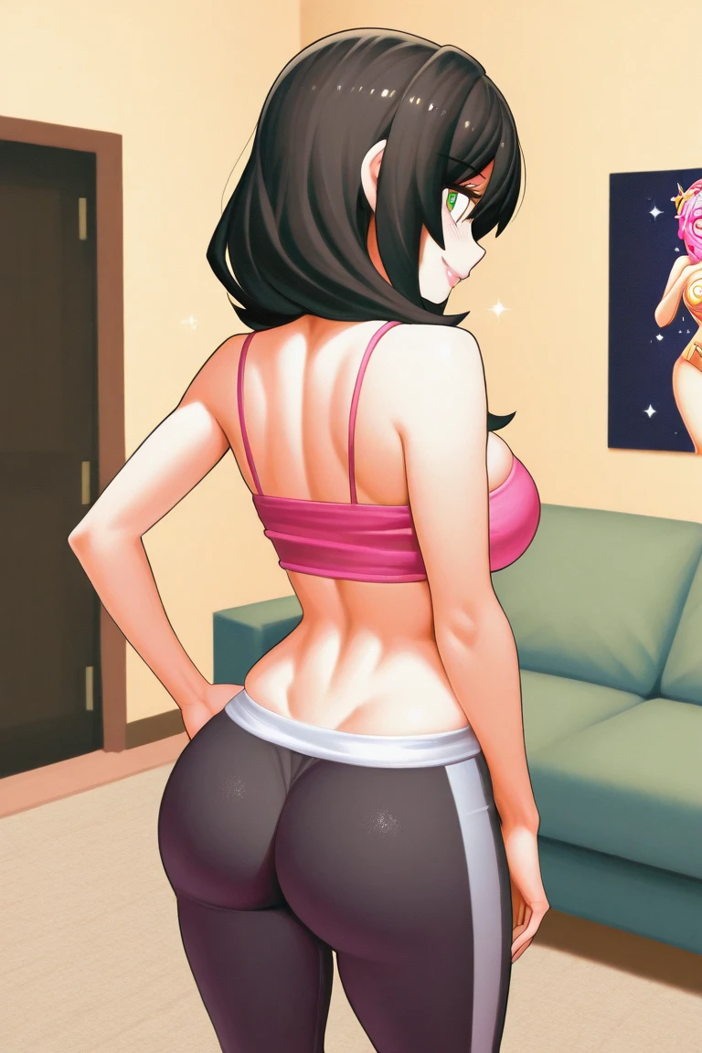 ((((masterpiece, best quality)))), ((33 year old)), (((Curvy))), ((Latina with long black hair)), in ((white bra)), ((white fullback panties)), ((Red lipstick)), ((Standing in a bathroom)), (back facing the camera), (((Western cartoon style)))