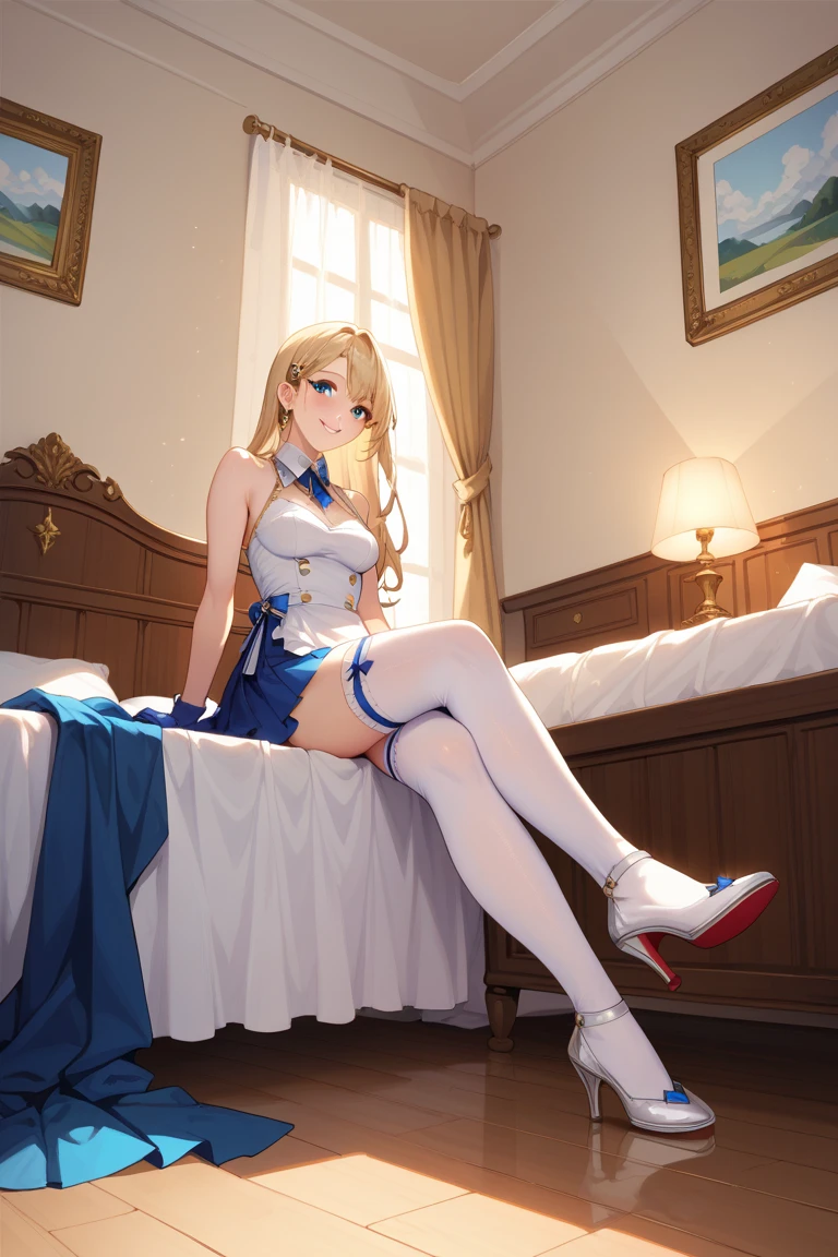 Highest Resolution,Highest quality,1A beautiful girl in a Chinese leotard,smile,Bun Hair,Bedroom,bed,High leg,Blonde,Knee-high stockings,