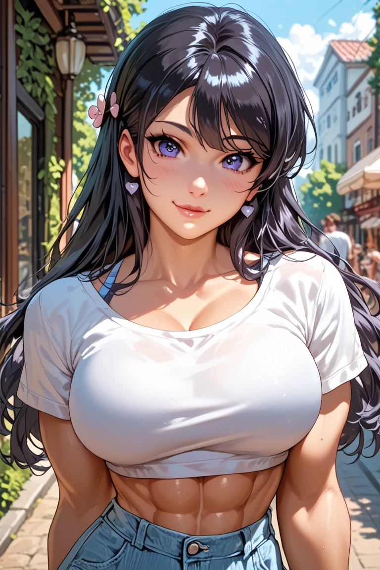 #Basics A girl is posing for a photo, (((One Girl))), (((Baby Face:1.4)) + ((cute:1.4)) + ((15 years old))),
break
#Clothing Accessories
(Black off-shoulder shirt + Beautiful white pattern) + (Blue denim shorts) + ((Black Pantyhose:1.4) : (Shiny) + (Sheer) + (Very low denier)) + (Shiny黒ハイヒール),
break
#Features
((Black Hair)), ((Ashime Bang + Long side bangs)), (((Straight Long Hair) : Long Hair + Voluminous Hair + Straight hair)),
((Droopy eyes:1.4, Big eyes:1.2), blue eyes),
break
#background environment
((noon + Sunshine, Fantasy World, Mountainous Regions)),
#Facial Expression Pose
((smile, blush), (Relaxed standing, hand in own hair)),
#composition
((Face the camera, (Angle from the front), (Cowboy Shot))),
break
#Body parts elements
(Slim figure),
(Detailed Hair, Beautiful Hair, Shiny Hair),
(double eyelid, Long eyelashes, Thin eyebrows:1.4),
(Expression of fine eyes, Beautiful and delicate eyes, Sparkling eyes, Eye Reflexes, Glitter Eyeliner),
(Human Ear),
(Beautiful Nose, Thin Nose),
(Shiny唇, Beautiful Lips, Thick lips), (Symmetrical facial features),
(Detailed skin, Textured skin, Beautiful Skin, Oily skin),
break
#Quality Image Quality Common
(((Highest quality)), ((masterpiece)), ((Very detailed))), ((Ultra-high resolution)), ((16K, 1080P)), ((Full HD)),
(Anatomically correct), (Realistic), (3DCG), (Oil painting),
((comics, anime)), (CG illustration), (RAW Photos),