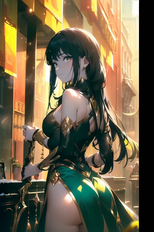 Sexy African-American woman with large breast, large cleavage, green eyes, dark brown skin, and curly bushy black hair wearing a revealing tribal robes