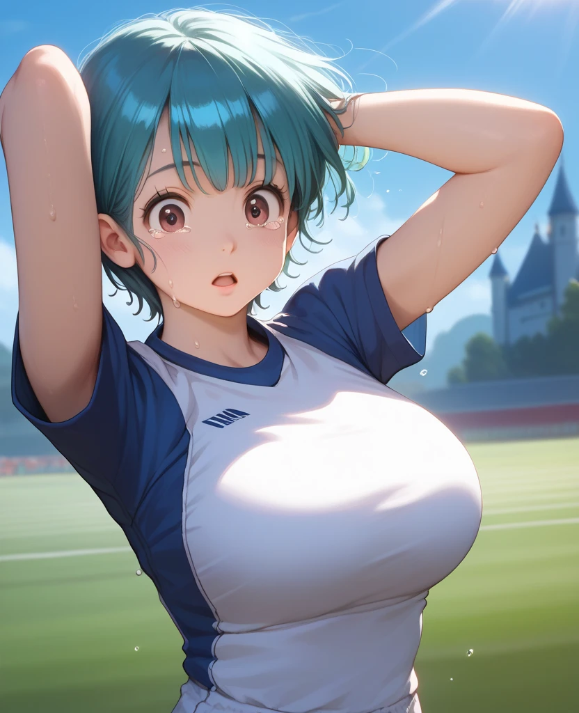 mastute piece,Best Quality,insanely detailed,8k cg,nsfw,
(shoot upper body:1.3),
(1girls:1.3),standing,looking at viewr,body in front,both arms behind back,(light-blue-baton-twirling-uniform:1.3),(bare breasts:1.4),(bare nipples:1.4),
break,
blush,shy,(ecstasy face),(trembling:1.2),break,(light green hair:1.2),
break,
perfect breasts,perfect teats,(open mouth:0.9),(large breasts:1.2),
(outdoor-sports-field)、