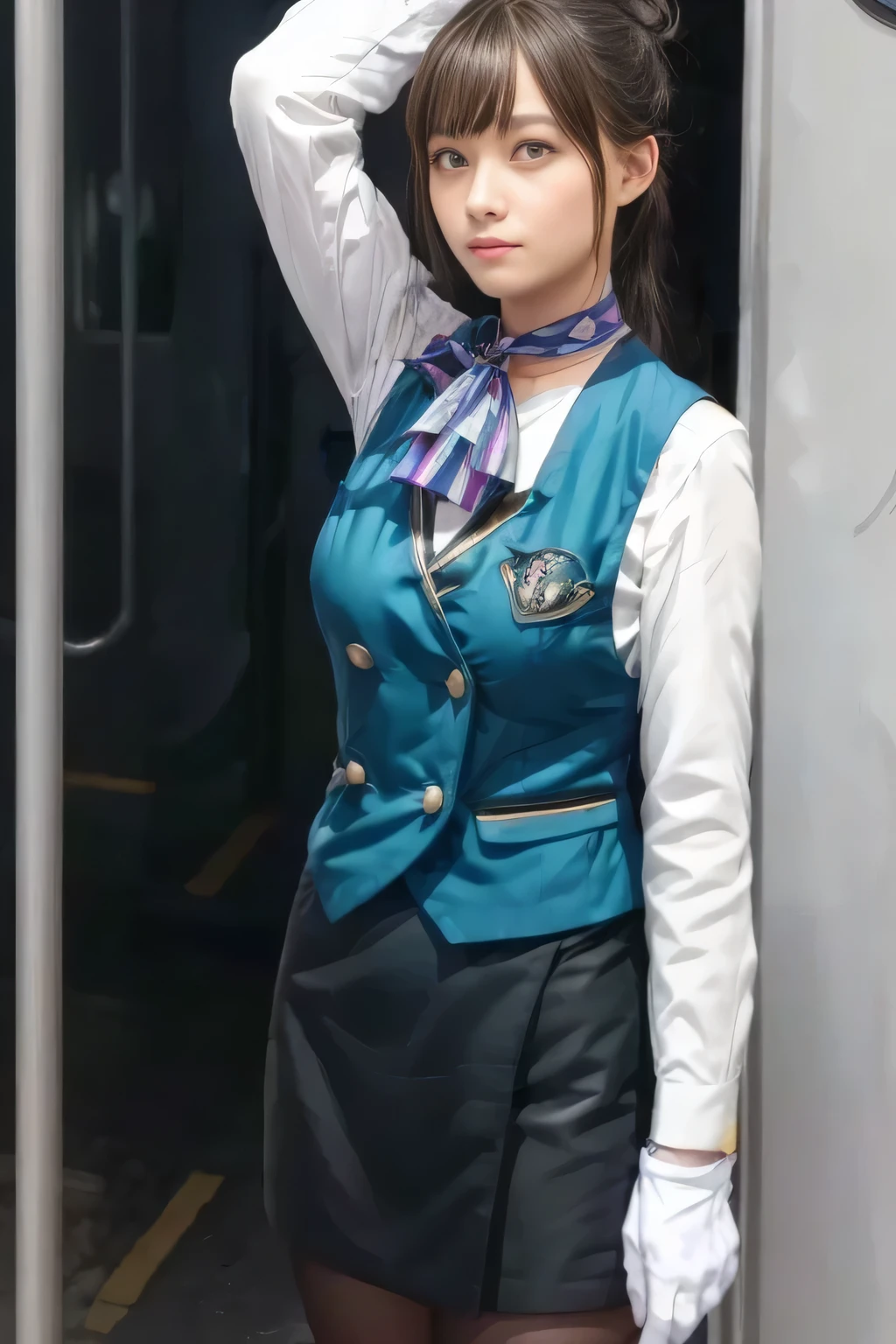 (masterpiece:1.2, Highest Quality :1.2), 32kHDR, Kampala, (alone、 1 girl on break day)、(what 、 professional light )、In-flight background、( realistic style wearing a Nankai Electric Railway crew uniform )、(( Nankai train crew uniform green vest ))、(( Nankai train crew uniform white long sleeve blouse without stand collar )) 、(( Nankai Electric Railway crew uniform black curly culotte skirt 、 I have a scarf wrapped around her neck ))、 Dark Brown Hair 、( long hair、 Hair tied up 、 Hair tied up )、 Dark Brown Hair 、 long hit 、Big Breasts 、thin legs、(( amazing hand :2.0)),(( A harmonious body shape :1.5)),((Normal肢体:2.0)),((Normal :2.0)),(( watch :2.0)),((Normal目:2.0)))、smile、( Nankai train crew uniformを着た美しい女性 )、 Hands crossed under the body