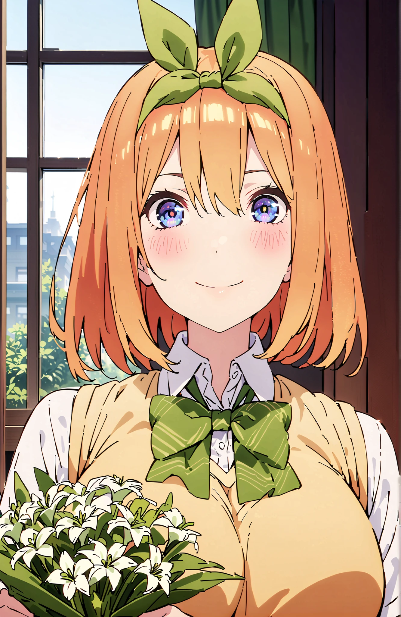 score_9, score_8_up, score_7_up, 中野四葉, bungs, short hair, blue eyes, hair between eyes, hair ribbon, headband, orange hair, (green ribbon:1.5), smile,blush,grinning,Big Breasts,
in their 40s skirt, shirt, bow, ribbon, uniform, white shirt, short sleeve, green mini pleated skirt, collared shirt, miniskirt, bowtie, black socks, loafers, green bow, sweater vest, green ribbon, (yellow sweater vest:1.5),Holding a green bouquet in the left hand,right hand is peace sign,standing,curtains,window,machine,chairs, Flower blowing snow, Beautiful Streetscapes,
in their 40s indoors, Classroom,
in their 40s looking at viewer,full body,
in their 40s (masterpiece:1.2), Highest Quality, high resolution, Unity 8k Wallpaper, (Illustrations:0.8), (beautifully detailed eyes:1.6), very detailed face, perfect lighting, very detailed CG, (perfect hand in h, perfect anatomy),