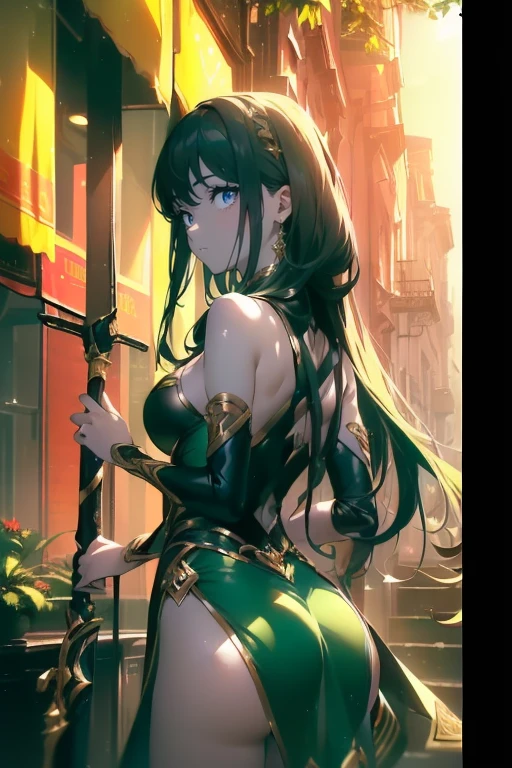 score_9, score_8_up, score_7_up, score_6_up, uncensored, Yor Briar, black hair, earrings, white hairband, hairband, long hair, sidelocks, red eyes, sweating, BREAK (masterpiece:1.2), best quality, high resolution, (detailed eyes:1.3), perfect lighting, (perfect hands, perfect anatomy), trembling, electricity, large breasts, rating:safe, 1girl, solo, bow_(weapon), muscle, weapon, back, breasts, tattoo, muscular_female, from_behind, looking_back, quiver, expressionless, hollow eyes,