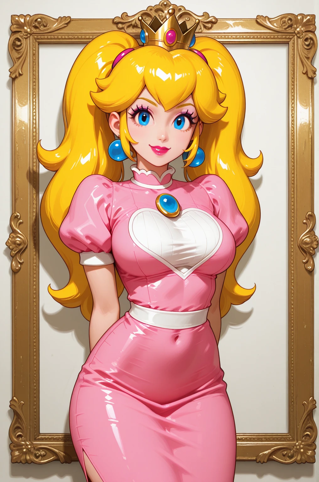 <lora:Rushzilla_Style:0.7>, (slim, skinny:1), (masterpiece, best quality), 1girl, <lora:princesspeach-lora-nochekaiser:1> princess peach, blonde hair, blue eyes, long hair, crown, dress, gem, gloves, pink dress, puffy short sleeves, puffy sleeves, short sleeves, white gloves,