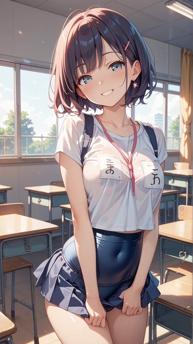 1 girl, teenage, skinny, Chinese, open lips, classroom, light, glow, thigh, clavicle, (masterpiece), wallpaper, worried