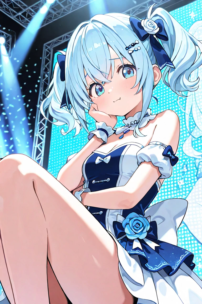 Super Idol　Little Beautiful Girl　A charming smile　sky blue hair　length hair　Twin-tailed　Bright pink and white leotard outfit　White panty　Mystical　Fantasia　constellation　a moon　Crystal Brilliance　Aurora Borealis in the Night Sky