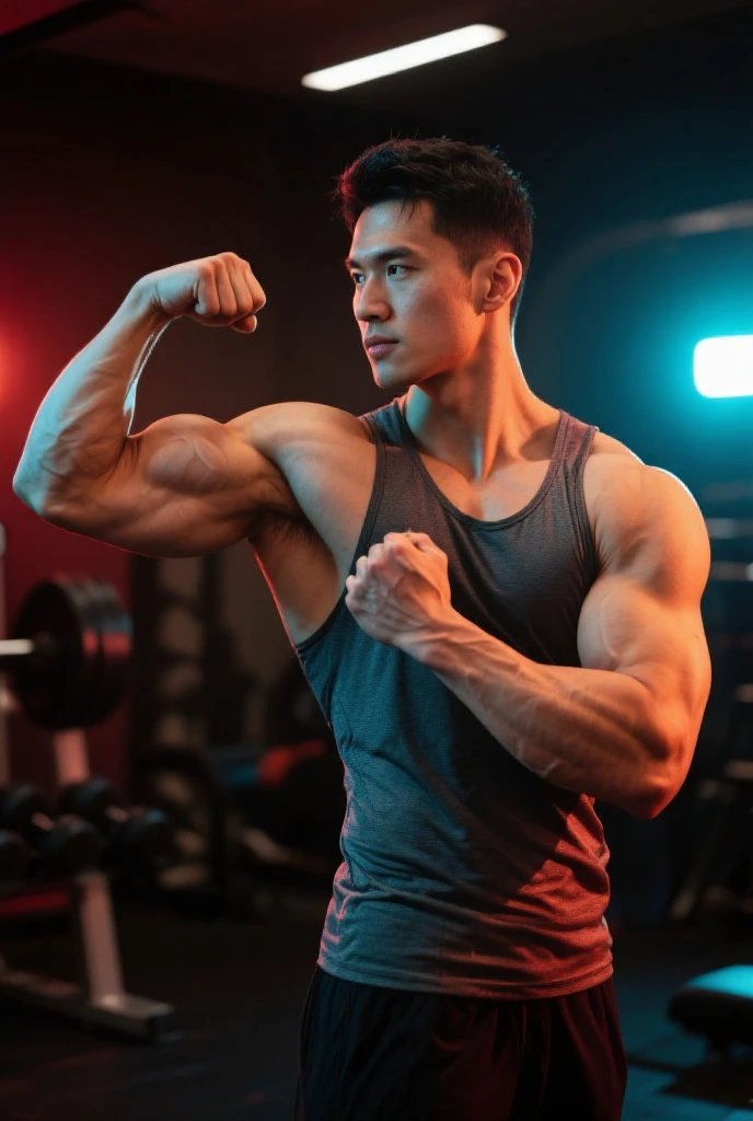 Korean man, Inspiration from Peng Yuyan, 30 years old, 236 years old, Cute Korean Face, 35 yo, 33 year old Korean muscular man,The gym is in the back.