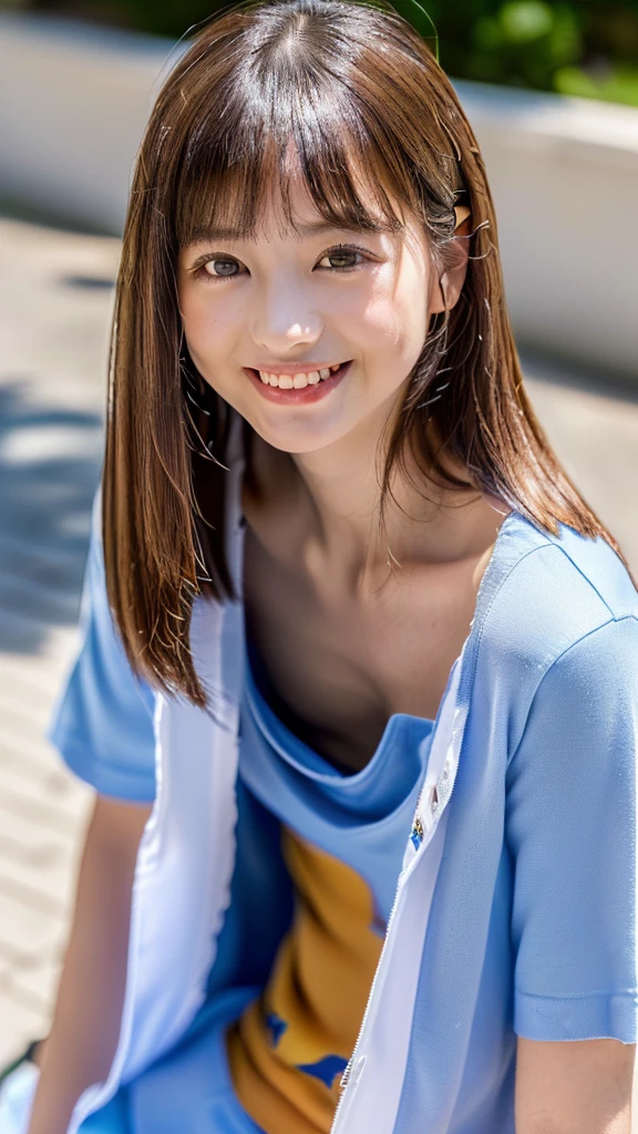 8k, RAW Photos, highest quality, masterpiece, Realistic, Photorealistic, (1 Ultimate beauty), 18 years old, Highly detailed face, (Perfect Teeth), Detailed eyes, double eyelid, eyelash, Grin, Lip details, brunette bob, small Breasts, ((sky-blue volleyball uniforms)), ((red small running bras))Soft Light, ((Written boundary depth)) 、Shot in the back、Total、Stick your butt out、With legs open、Slender body、Inverted nipples, volleyball coat, nsfw,