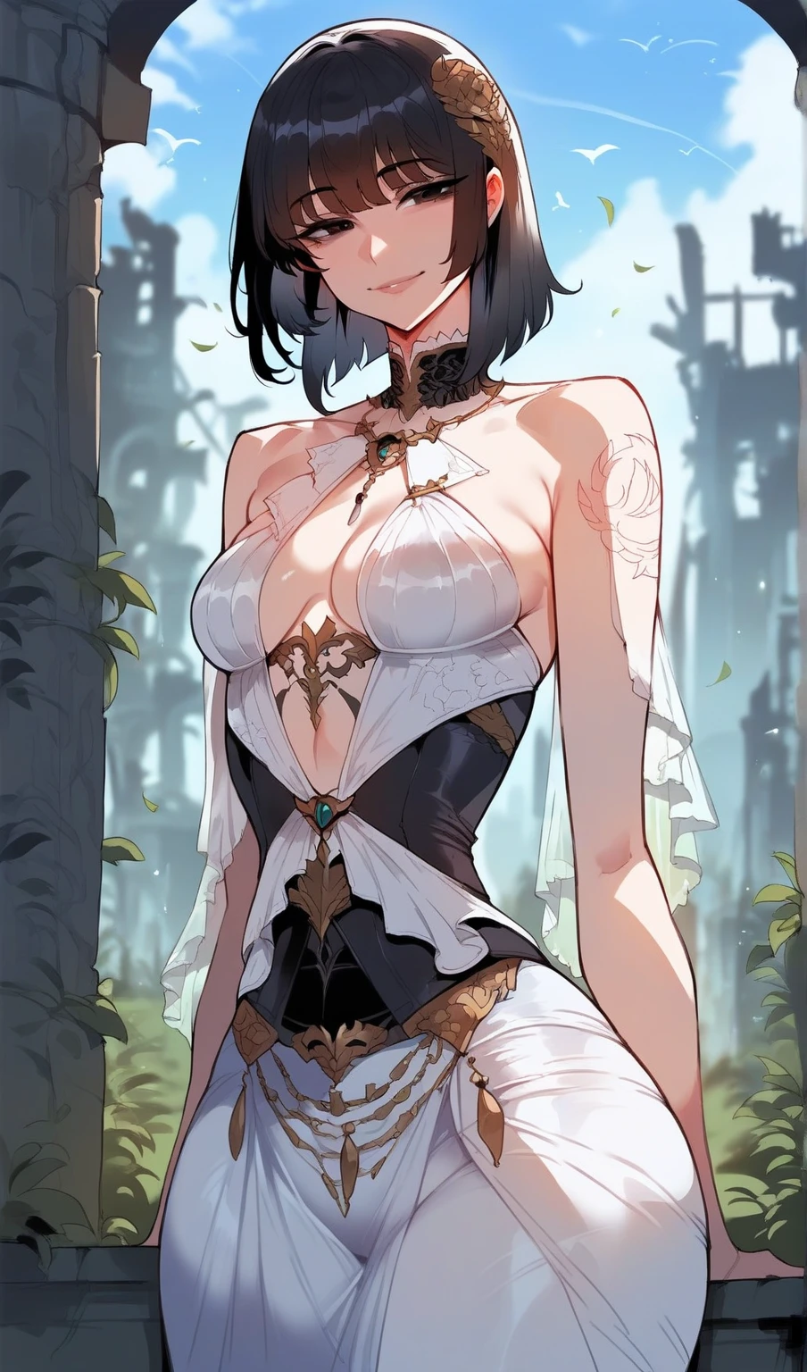Anime - Stylistic image of a woman dressed in black posing in front of a statue, intricate outfits, fantasyoutfit, full body close-up shot, 2b, 2 b, intricate body, full body shot hyperdetailed, highly detailed whole body, revealing outfit, very detailed and rich clothing, extra detailed body, succubus in tight kilt