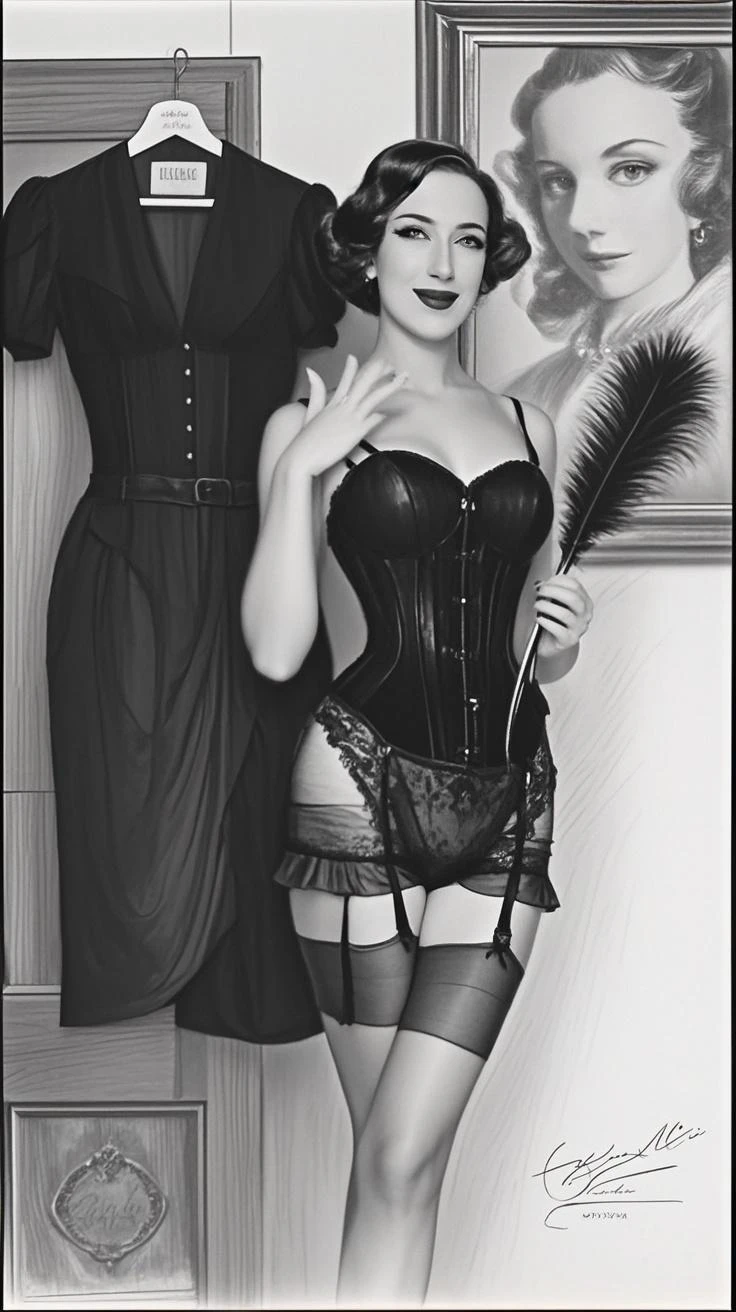 muscular hunk men with short hair getting dressed in vintage lingerie, stockings,  very high heels ,big padded lace  bra, makeup