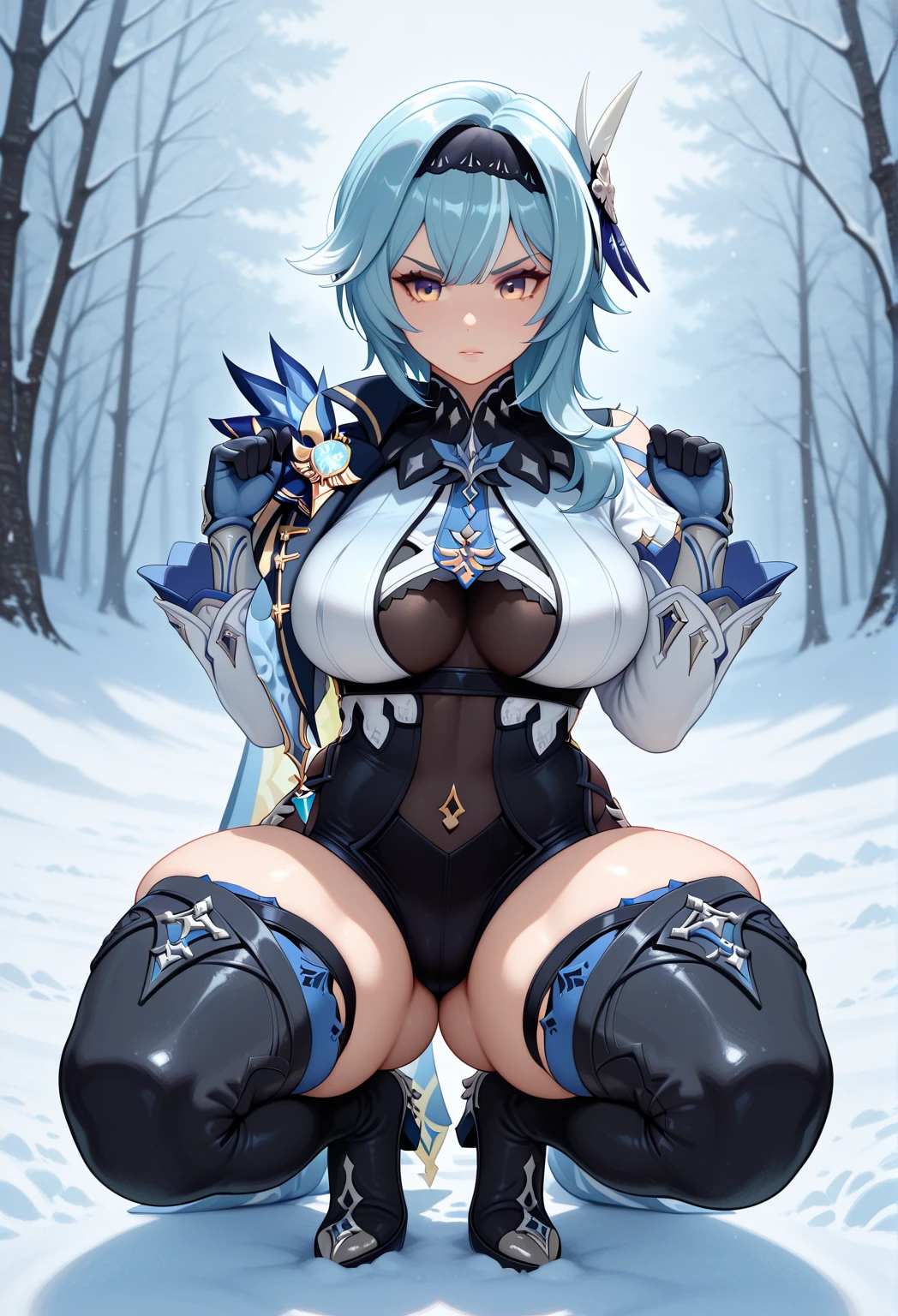 (Manipulate giant glowing snowflakes:2.0)、(Snowstorm、Crystal of snow)、(High quality, Ultra detailed, best quality, insanely detailed, beautiful, masterpiece)、(A witch clutching a giant staff:1.5)、Mature Woman、(Witch Hat、Blonde wavy hair)、((See-through blue sexy lingerie:1.3)、(Black garter belt、Black knee-high socks、Black Gloves、Black boots、gold and jewel decoration)、((Huge breasts)、Underboob、Sideboob、Huge areola、Thick Puffy Nipples)、(glamorous、Absolute area、Camel toe、Thick thighs、Wide Hips、curve、slim)、((Revealing outfit)、(NSFW)、(A large glowing blue tattoo on his crotch)、Shooting from below、(Witch's House、Evil ancient ruins)、(Bitch、Lewd、Slut、Prostitute、Sexual climax)