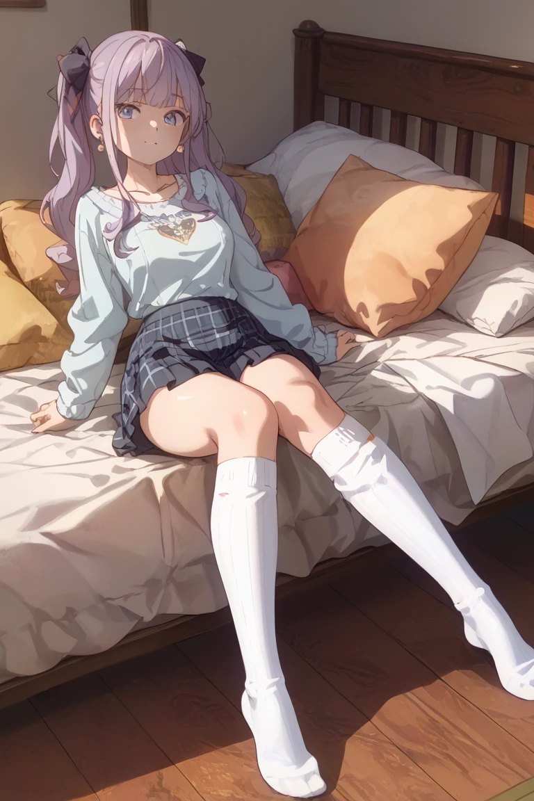 Detailed painting, masterpiece*Portraiture, a beautiful anime girl sitting on the edge of a couch looking out the window, 1girl, solo, skirt, blonde hair, sitting, socks, blush, school uniform, looking at viewer, Blue eyes, couch