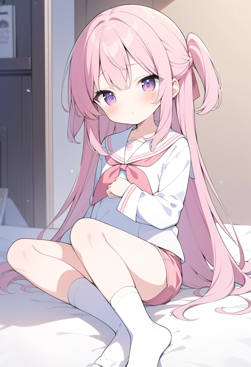 Half-up single bun absurdly long hair,a baby face,teddy bears,lovely,girl's own room,modern,cream colored Hair、Glowing pink eyes,white frilly skirt,Black hoodie,Moe Sleeve,wearing a cream-colored cardigan,Zito-order,Looking at me and smiling kindly,high-level image quality,Sitting in bed,hiquality,Moe Sleeve, legs open, without panties, naked pussy