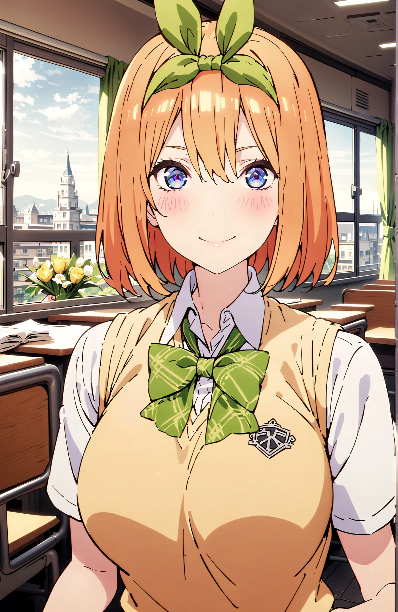score_9, score_8_up, score_7_up, 中野四葉, bungs, short hair, blue eyes, hair between eyes, hair ribbon, headband, orange hair, (green ribbon:1.5), smile,blush,grinning,Big Breasts,
in their 40s skirt, shirt, bow, ribbon, uniform, white shirt, short sleeve, green mini pleated skirt, collared shirt, miniskirt, bowtie, black socks, loafers, green bow, sweater vest, green ribbon, (yellow sweater vest:1.5),Holding a green bouquet in the left hand,right hand is peace sign,standing,curtains,window,machine,chairs, Flower blowing snow, Beautiful Streetscapes,
in their 40s indoors, Classroom,
in their 40s looking at viewer,full body,
in their 40s (masterpiece:1.2), Highest Quality, high resolution, Unity 8k Wallpaper, (Illustrations:0.8), (beautifully detailed eyes:1.6), very detailed face, perfect lighting, very detailed CG, (perfect hand in h, perfect anatomy),