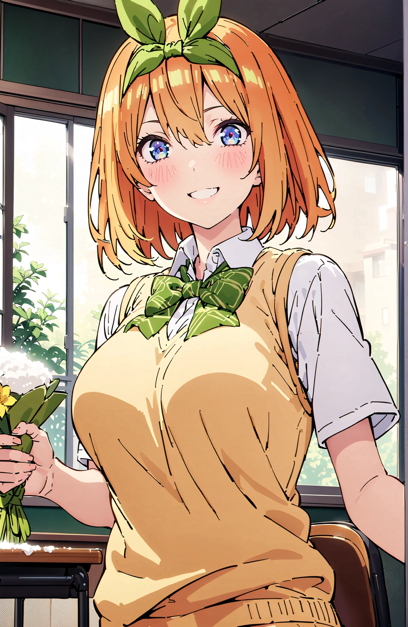 score_9, score_8_up, score_7_up, 中野四葉, bungs, short hair, blue eyes, hair between eyes, hair ribbon, headband, orange hair, (green ribbon:1.5), smile,blush,grinning,Big Breasts,
in their 40s skirt, shirt, bow, ribbon, uniform, white shirt, short sleeve, green mini pleated skirt, collared shirt, miniskirt, bowtie, black socks, loafers, green bow, sweater vest, green ribbon, (yellow sweater vest:1.5),Holding a green bouquet in the left hand,right hand is peace sign,standing,curtains,window,machine,chairs, Flower blowing snow, Beautiful Streetscapes,
in their 40s indoors, Classroom,
in their 40s looking at viewer,full body,
in their 40s (masterpiece:1.2), Highest Quality, high resolution, Unity 8k Wallpaper, (Illustrations:0.8), (beautifully detailed eyes:1.6), very detailed face, perfect lighting, very detailed CG, (perfect hand in h, perfect anatomy),