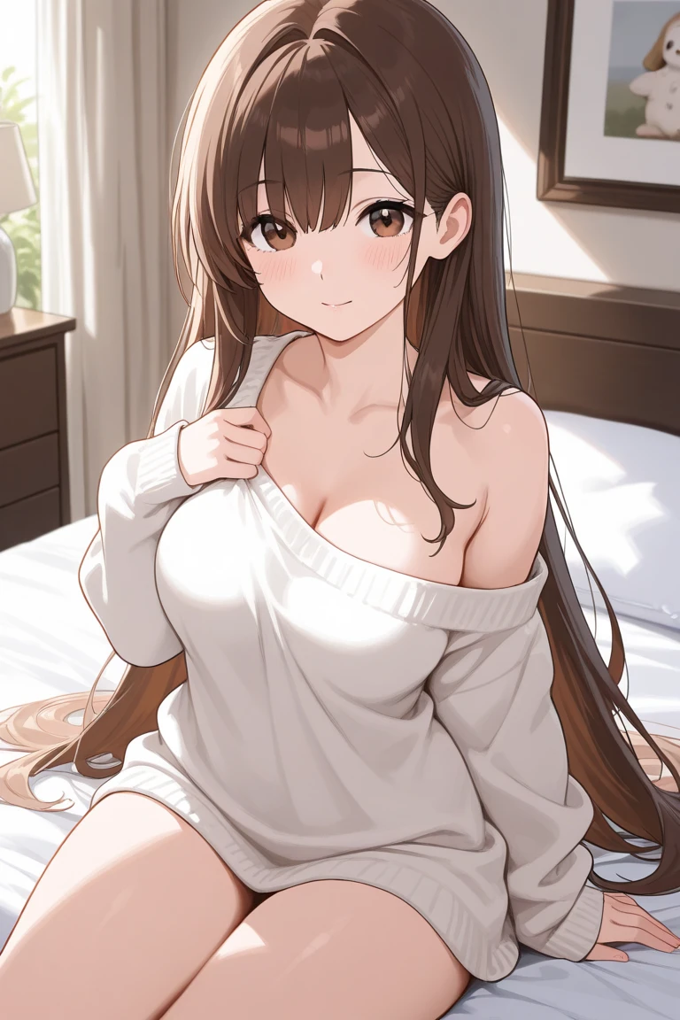 1人の女性、brown haired(Curta)、Brown eyes、 Best Quality、ultra-detailliert、8K resolution、Raw photo、masutepiece、seductive boobs、gorgeous faces、Perfect body、Lying in bed、s Pajamas