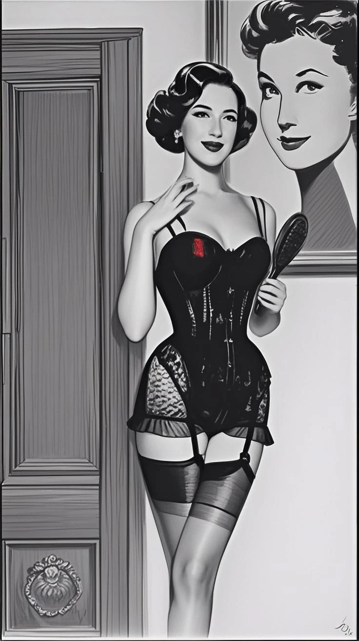 1950s pinup, beautiful overweight woman, (solo:1.4), leaning forward arm support, touching face, waist cincher, panties, nipple slip, bra, (skindentation), (nipple piercing:0.9), cascading wavy hair, looking pleasured, looking at viewer, smoking
