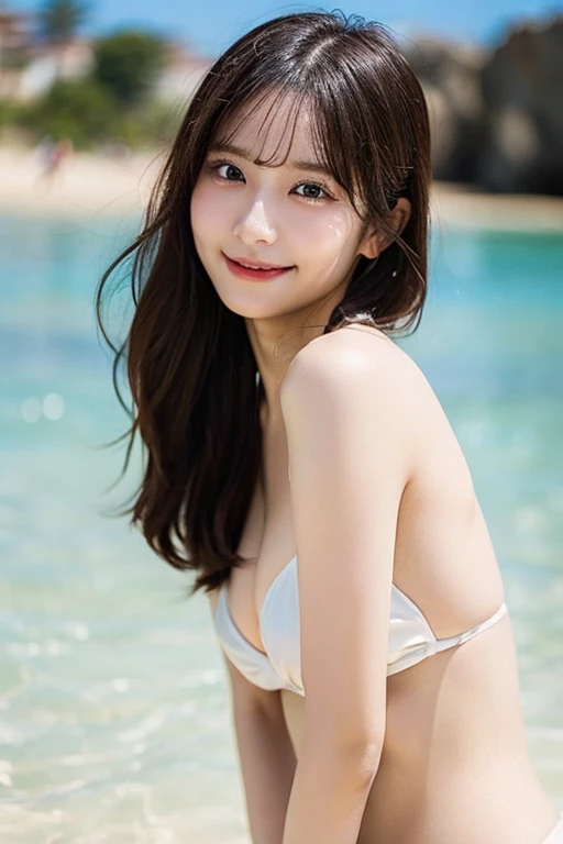 (NFSW)、(High resolution:1.5)、Highest quality,Very detailed,masterpiece,Super detailed,alone,(A front view of a 12-year-old idol),((White micro-tube-top:1.5)),Super beautiful girl、 Seraphim, ((白いmicro-bikini-panties:1.5)), smile, (((barefoot)))、((White micro-string-panties are visible:1.5))、(The breasts are very large)、((Marine blue, crystal clear sea))、Summer sun、はしゃいだsmile、Beautiful Eyes、((Sitting with legs apart in the sparkling marine blue water:1.5))、(((Big Tits)))、(((Pose to emphasize large breasts 1.5)))、((Big breasted 12 year old ta idol))、((Big Boobsを強調するポーズ))、((Big Boobs)).A beautiful girl with an innocent face、Sitting with her body facing me、(straight-on:1.5) 、Spread your legs、reflected in water 、(front view:1.5)