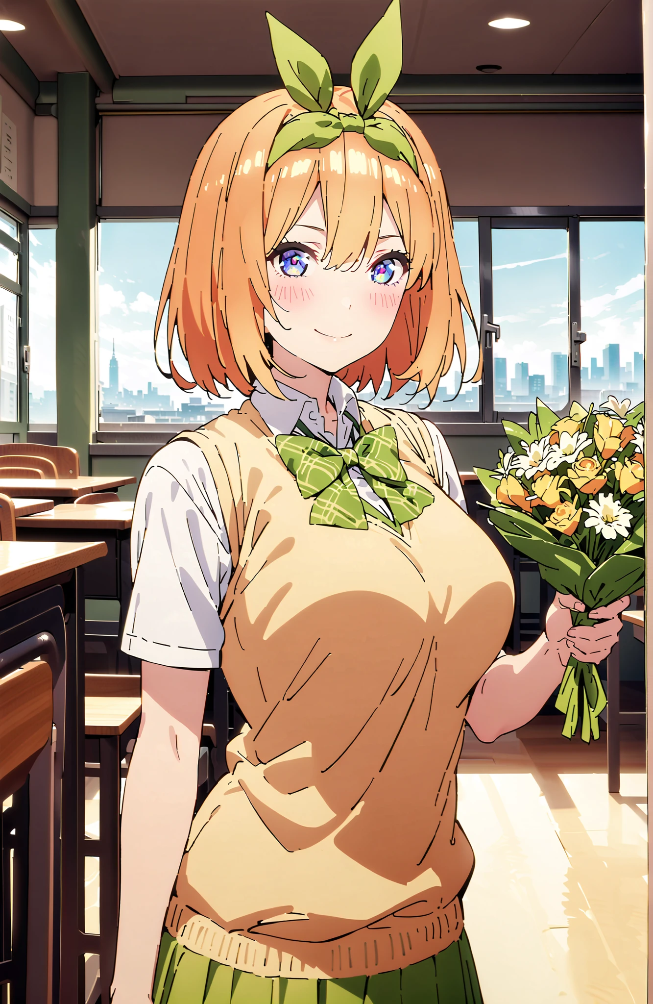 score_9, score_8_up, score_7_up, 中野四葉, solo,bungs, short hair, blue eyes, hair between eyes, hair ribbon, headband, orange hair, (green ribbon:1.5), smile,blush,grinning,Big Breasts,
in their 40s skirt, shirt, bow, ribbon, uniform, white shirt, short sleeve, green mini pleated skirt, collared shirt,bowtie, black socks, loafers, green bow, sweater vest, green ribbon, (yellow sweater vest:1.5),Holding a green bouquet with one hand,standing,curtains,window,machine,chairs, Flower blowing snow, Beautiful Streetscapes,
in their 40s indoors, Classroom,
in their 40s looking at viewer,full body,
in their 40s (masterpiece:1.2), Highest Quality, high resolution, Unity 8k Wallpaper, (Illustrations:0.8), (beautifully detailed eyes:1.6), very detailed face, perfect lighting, very detailed CG, (perfect hand in h, perfect anatomy),