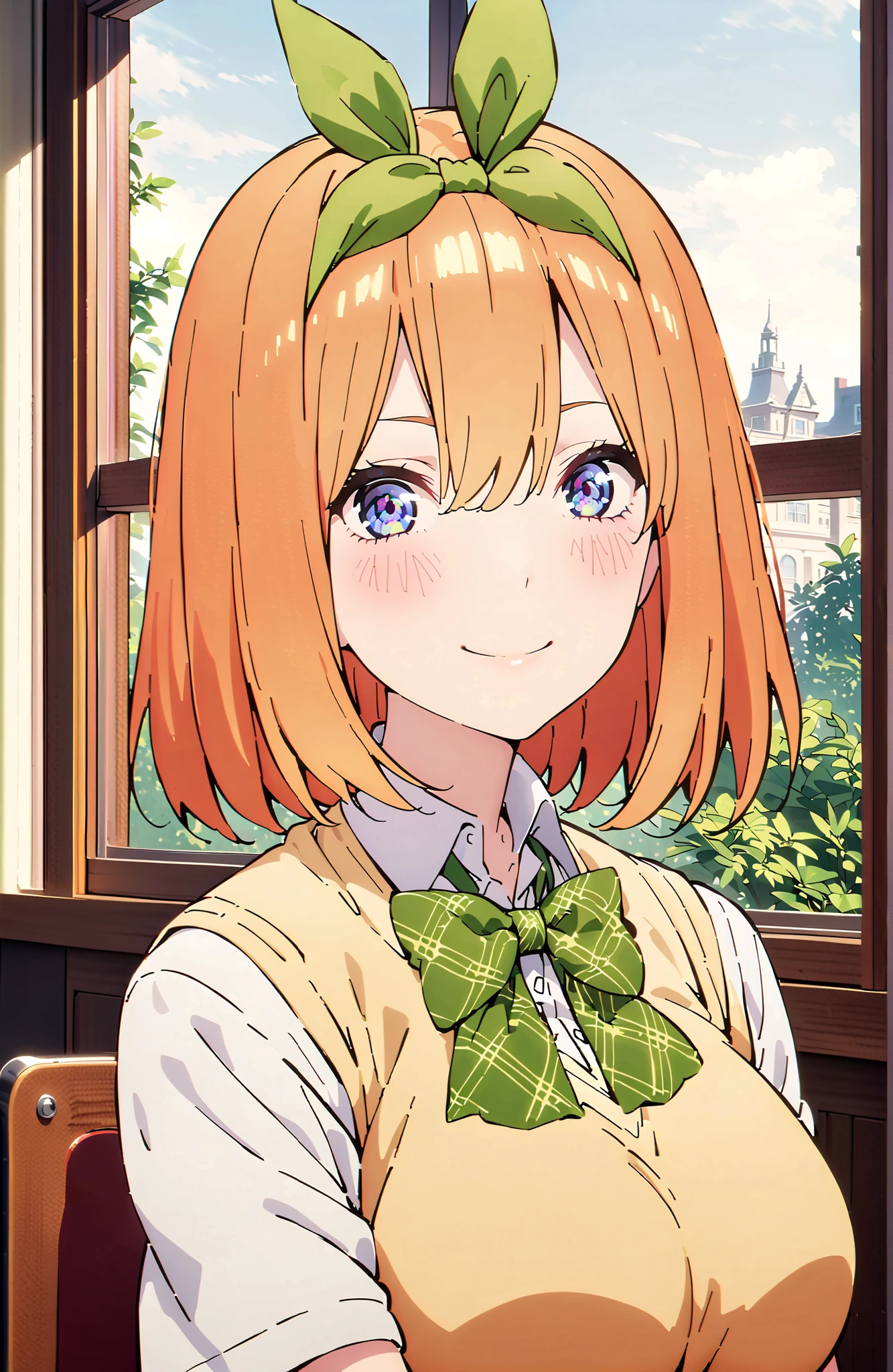 score_9, score_8_up, score_7_up, 中野四葉, solo,bungs, short hair, blue eyes, hair between eyes, hair ribbon, headband, orange hair, (green ribbon:1.5), smile,blush,grinning,Big Breasts,
in their 40s skirt, shirt, bow, ribbon, uniform, white shirt, short sleeve, green mini pleated skirt, collared shirt,bowtie, black socks, loafers, green bow, sweater vest, green ribbon, (yellow sweater vest:1.5),Holding a green bouquet with one hand,standing,curtains,window,machine,chairs, Flower blowing snow, Beautiful Streetscapes,
in their 40s indoors, Classroom,
in their 40s looking at viewer,full body,
in their 40s  (masterpiece:1.2), Highest Quality, high resolution, Unity 8k Wallpaper, (Illustrations:0.8), (beautifully detailed eyes:1.6), very detailed face, perfect lighting, very detailed CG, (perfect hand in h, perfect anatomy),