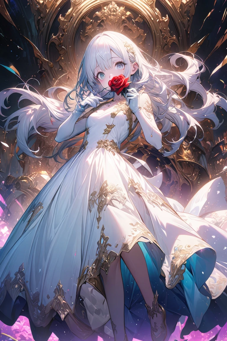 32k ultra hd perfect Quality Anime girl, denoising of strength:1.45, iridescent lighting, beautifully detailed face, (splash art anime silber hair),butterflys, long white hair, white wedding gown, detailed background, Highest high resolution, deep v breasts, Bandeau wedding dress, White rose, (In the daytime), extreme detailed, (fractal art:1.3), colorful, highest detailed, beautiful anime art, perfectly detailed hands and fingers:1.1, depth of field, (dancing) , full body villain pose 3d rendering:1.5, (roses), (snow white's castle:1.32), Shiny skin,