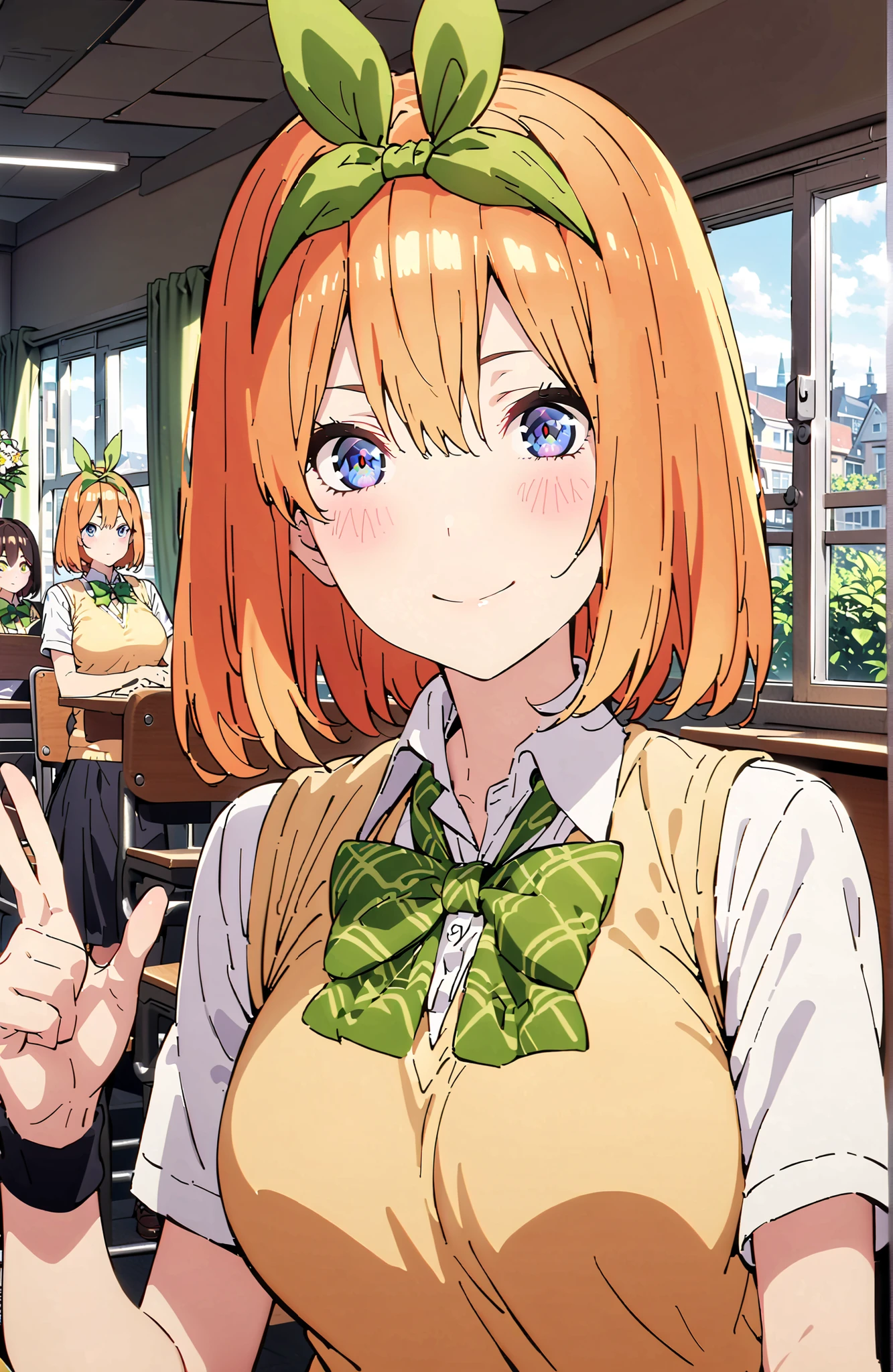 score_9, score_8_up, score_7_up, 中野四葉, bungs, short hair, blue eyes, hair between eyes, hair ribbon, headband, orange hair, (green ribbon:1.5), smile,blush,grinning,Big Breasts,
in their 40s skirt, shirt, bow, ribbon, uniform, white shirt, short sleeve, green mini pleated skirt, collared shirt, bowtie, black socks, green bow, sweater vest, green ribbon, (yellow sweater vest:1.5),Holding a green bouquet in the left hand,right hand is peace sign,standing,curtains,window,machine,chairs, Flower blowing snow, Beautiful Streetscapes,
in their 40s indoors, Classroom,
in their 40s looking at viewer,full body,
in their 40s (masterpiece:1.2), Highest Quality, high resolution, Unity 8k Wallpaper, (Illustrations:0.8), (beautifully detailed eyes:1.6), very detailed face, perfect lighting, very detailed CG, (perfect hand in h, perfect anatomy),