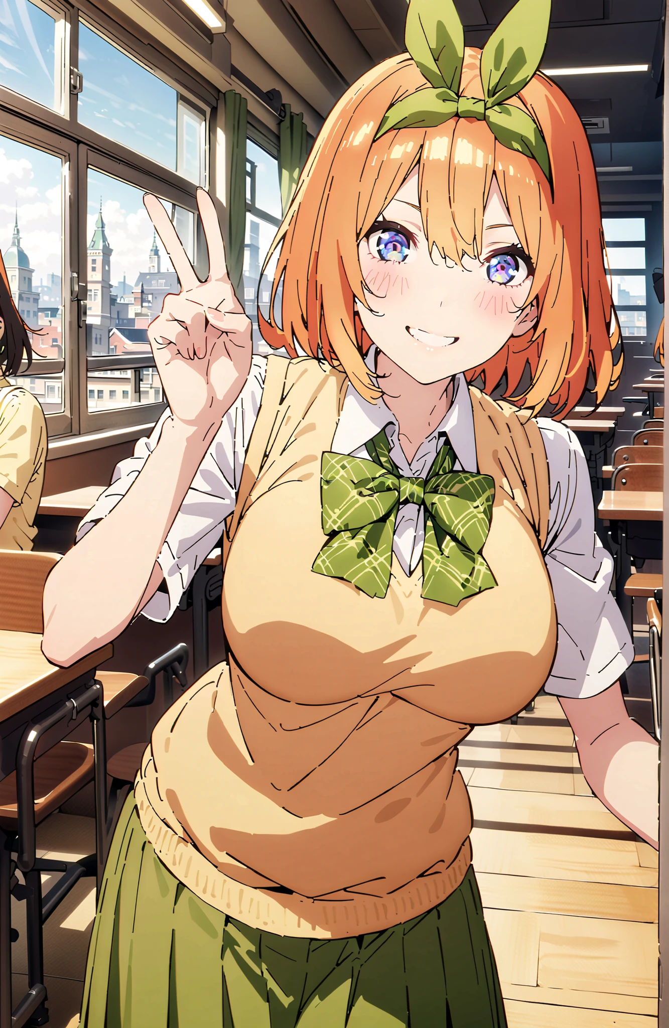 score_9, score_8_up, score_7_up, 中野四葉, bungs, short hair, blue eyes, hair between eyes, hair ribbon, headband, orange hair, (green ribbon:1.5), smile,blush,grinning,Big Breasts,
in their 40s skirt, shirt, bow, ribbon, uniform, white shirt, short sleeve, green mini pleated skirt, collared shirt, bowtie, black socks, green bow, sweater vest, green ribbon, (yellow sweater vest:1.5),Holding a green bouquet in the left hand,right hand is peace sign,standing,curtains,window,machine,chairs, Flower blowing snow, Beautiful Streetscapes,
in their 40s indoors, Classroom,
in their 40s looking at viewer,full body,
in their 40s (masterpiece:1.2), Highest Quality, high resolution, Unity 8k Wallpaper, (Illustrations:0.8), (beautifully detailed eyes:1.6), very detailed face, perfect lighting, very detailed CG, (perfect hand in h, perfect anatomy),