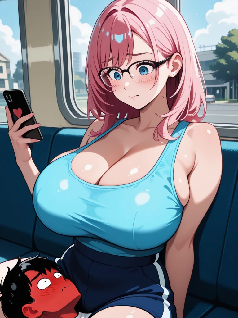 ((crowded train, A very cute woman wearing very very short white silk mini skirt.))((wearing a white silk plunging open shirt: 1.6.)). 40k, photography, masterpiece, best quality, dark grey background, ((1girl blue eyes and gorgeous light blue hair, she wears glasses on her beautiful face, )), big ass full breasts until waiting wearing, varied poses.((Huge breasts :1.4)), Ultra-detailed face, Detailed eyes, gigantic boobs, curvy, milf