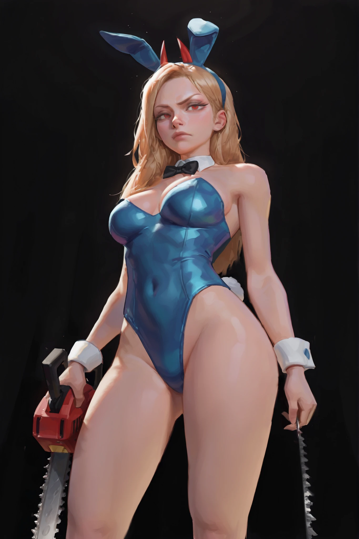 score_9, score_8_up, score_7_up, score_6_up, score_5_up, score_4_up,
BREAK
(masterpiece: 1.0), best quality, perfect anatomy, perfect composition, perfection, Realistic proportions, realistic anatomy,
BREAK
use of shape theory, use of anatomy, defined body, defined textures, defined fabric folds.
BREAK
Elegant, graceful, amazing anatomy, perfect form, perfect face, perfect hands, correct anatomy, high res, absolutely breathtaking, color variance, color tones, color contrast, amugea
BREAK
1girl, standing, solo, long hair, breasts, looking at viewer, Power (Chainsaw man), bunny outfit, annoyed, defined eyelashes, black background, studio lighting,