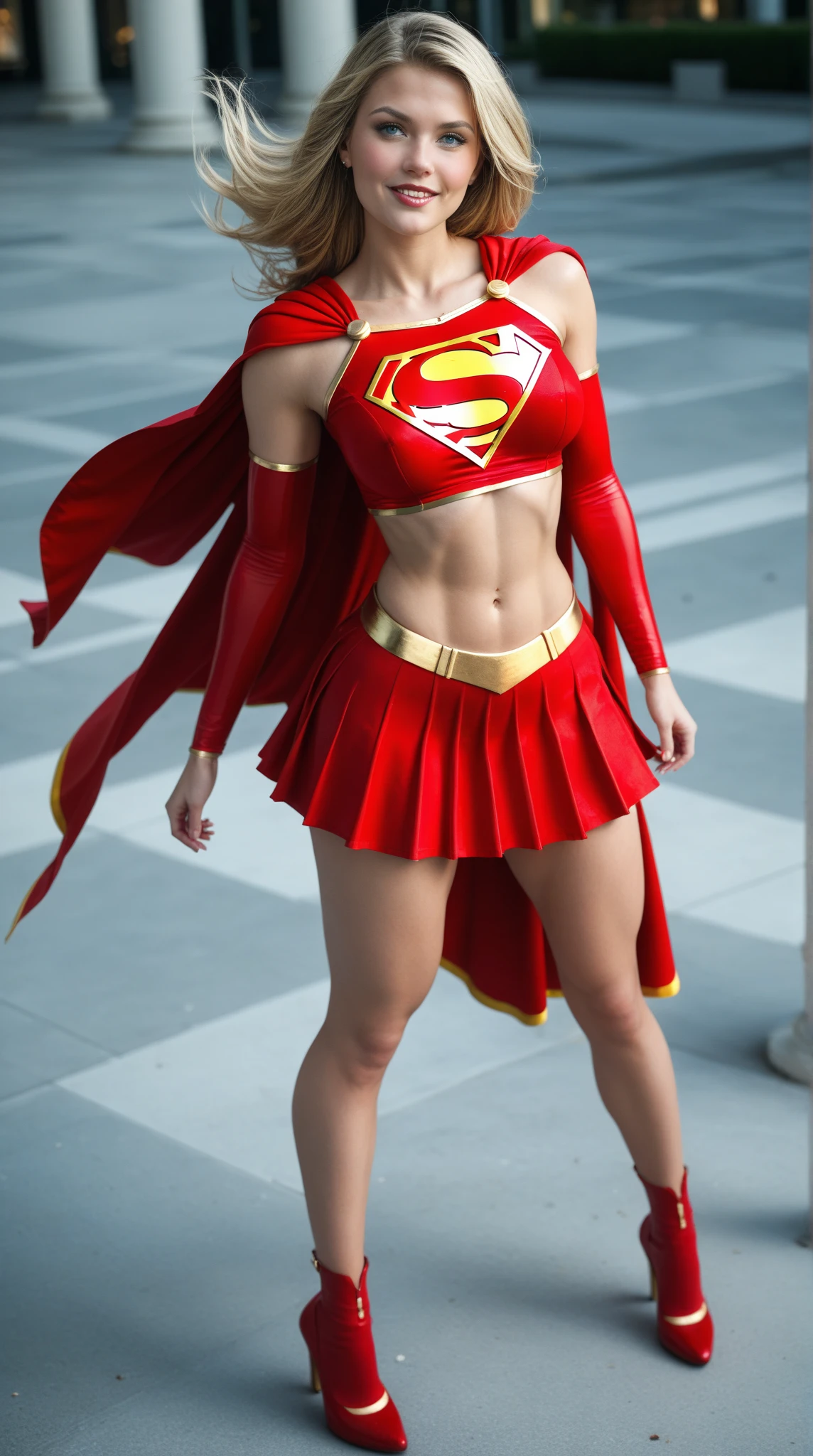 full view of A SEXY CURVY FEMALE WITH DARK BLUE EYES AND MEDIUM MESSY GOLDEN BLONDE HAIR WEARING A CLASSIC WHITE SUPERGIRL LONG SLEEVED CROP TOP COSTUME, A SHORT BLUE PLEATED SKIRT WITH A YELLOW SUPERGIRL BELT, RED HIGH HEELED SUPERGIRL BOOTS, AND SHORT RED SUPERGIRL CAPE WITH YELLOW TRIM. , incredibly detailed skin and eyes, seductive poses, 8K resolution, masterpiece, ultra-detailed, realistic, photo-realistic, vivid colors, dramatic lighting, THICK CHESTED.
