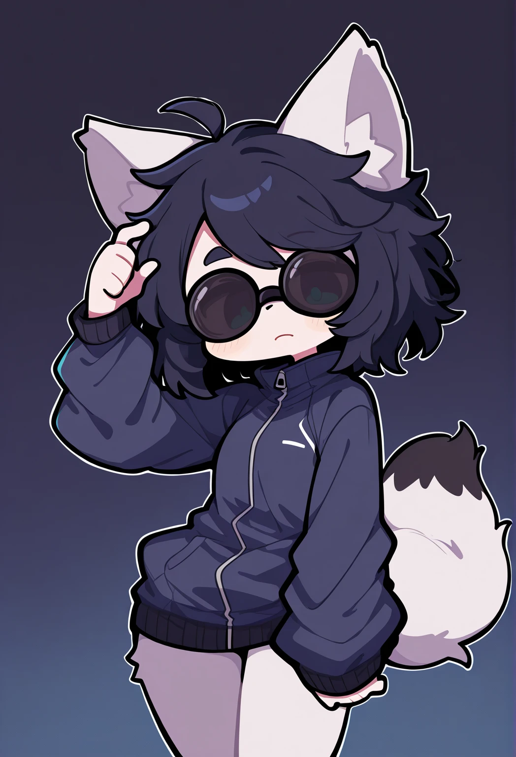 white fox, dark blue jacket, long sleeves, Mangas running your wrist, Black goggles glasses, muito sexy