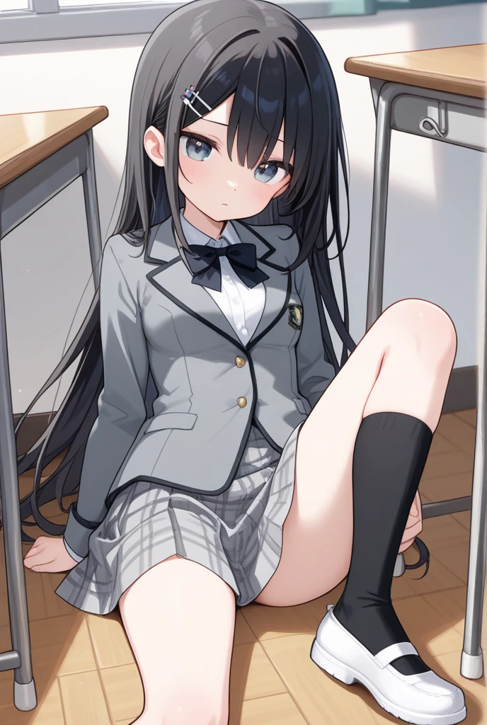 masterpiece, best quality, 1girl, solo, long hair, looking at viewer, skirt, black hair, school uniform, purple eyes, pantyhose, pleated skirt, horns, serafuku, cardigan, oni horns, open cardigan, black panty, floral lace undies, cameltoe, show panties, squatting sexily, open legs, spread legs, miniskirt, open legs squat, paw hand pose, sitting on chair, classroom, hypnotism, hypnotized