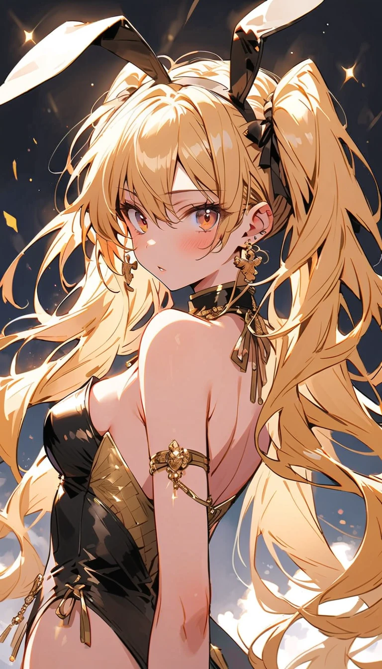 top-quality、Top image quality、​masterpiece、girl with((20yr old、Best Bust、big bast、Bust 85,beautiful golden eyes、Breasts wide open,Blonde long hair、A slender、Large valleys、Tank Tops、Cosmic dress、Gold Bikini、posterior view、Laugh、Close distance,Emphasize ass)）hiquality、Beautiful Art、Background with((Fashionable evening party、Golden Chain、Pink lighting)))masutepiece、visualart、depth of fields、