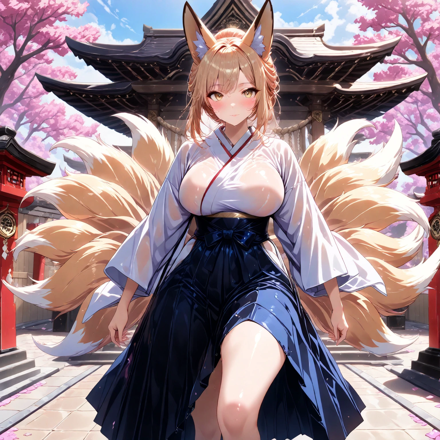 Ceroba，c-cup breasts，kimono，shrine，A warm smile，Fluffy fox tail，Eyes are loving