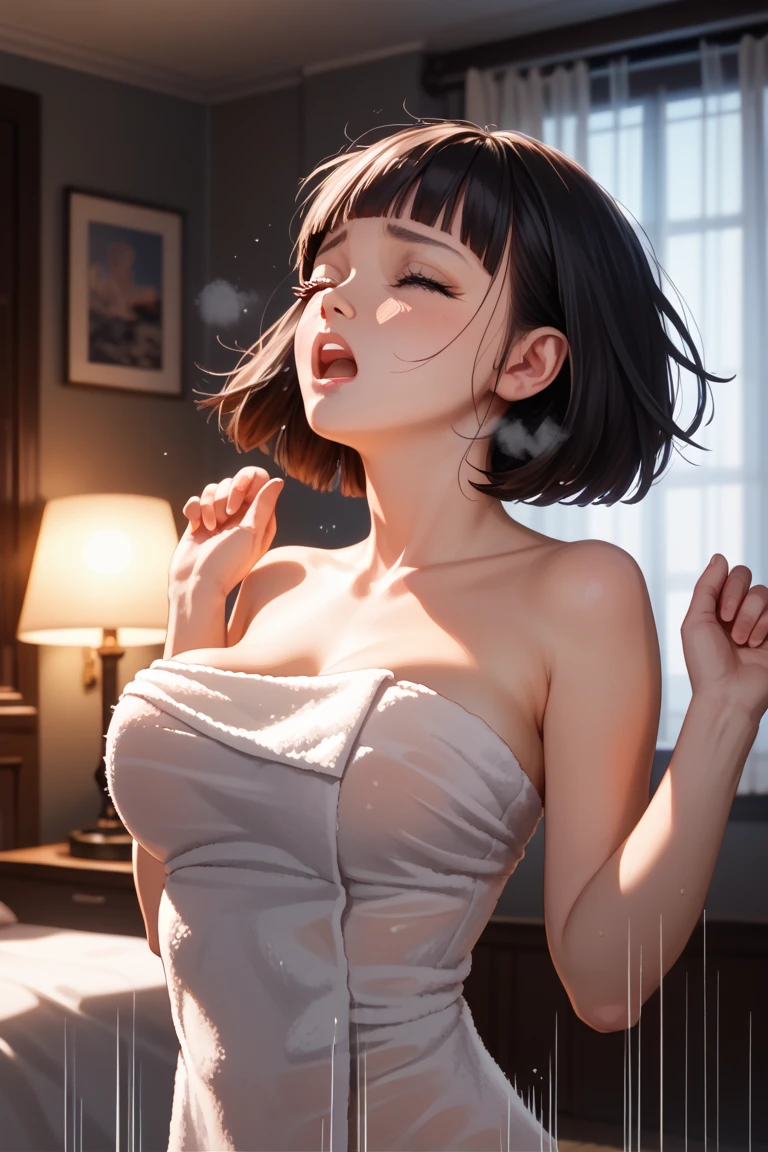 (Leica 10772 M-P, 85mm macro lens, F/8 aperture, film still), (RAW shooting, Photoreal:1.5, 8K, highest quality, masterpiece, ultra high resolution), city background, Highly detailed skin and facial textures:1.2, Japanese girl, (Fox eyes:1.2), 22 years old, straight hair, Fair skin, white skin, Emphasize the cleavage, super short cut hair, (blunt bangs:1.5), (black hair:1.3), (silk dress:1.3), (super tight dress:1.3), (rain drips all over my body:1.2, wet body:1.4, wet black hair:1.3), (Bra and Garter Belt Set see-through:1.2), squinting dazzlingly, milk, milky white, beautiful black eyes, (sweat like a pig:1.3), colossal tits, (angry:1.3), (wearing Fishnet bodystocking:1.2), Seductive pose