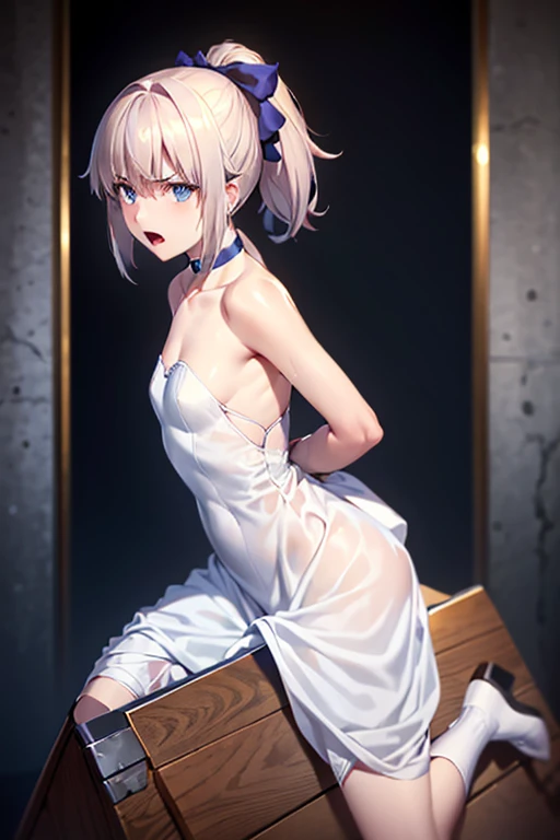 Best Quality, masutepiece,(Perfect hands, Perfect feet,Perfect Anatomy),Saber, Faltria, 1girl in, gloves, elbow groves, Choker, White Dress, official alternate costume, breasts, 鎖骨, Ponytail, White Gloves, cleavage, straplessdress, Bow, Bare shoulders, Short hair, parody, Blue choker, Hair Bow, Blue Ribbon, 1girl in, wooden horse, Crotch rubbing, Thought-provoking liquids, Shibari,, masutepiece, Best Quality, Highly detailed、(Hands behind your back:1.5)、nffsw, Large breasts, White hair, Blue eyes, female focus, Full body, , Juice, Sweat, trembling,(Straddling a wooden horse:1.3)、Clothes are torn、,(white panties:1.3),