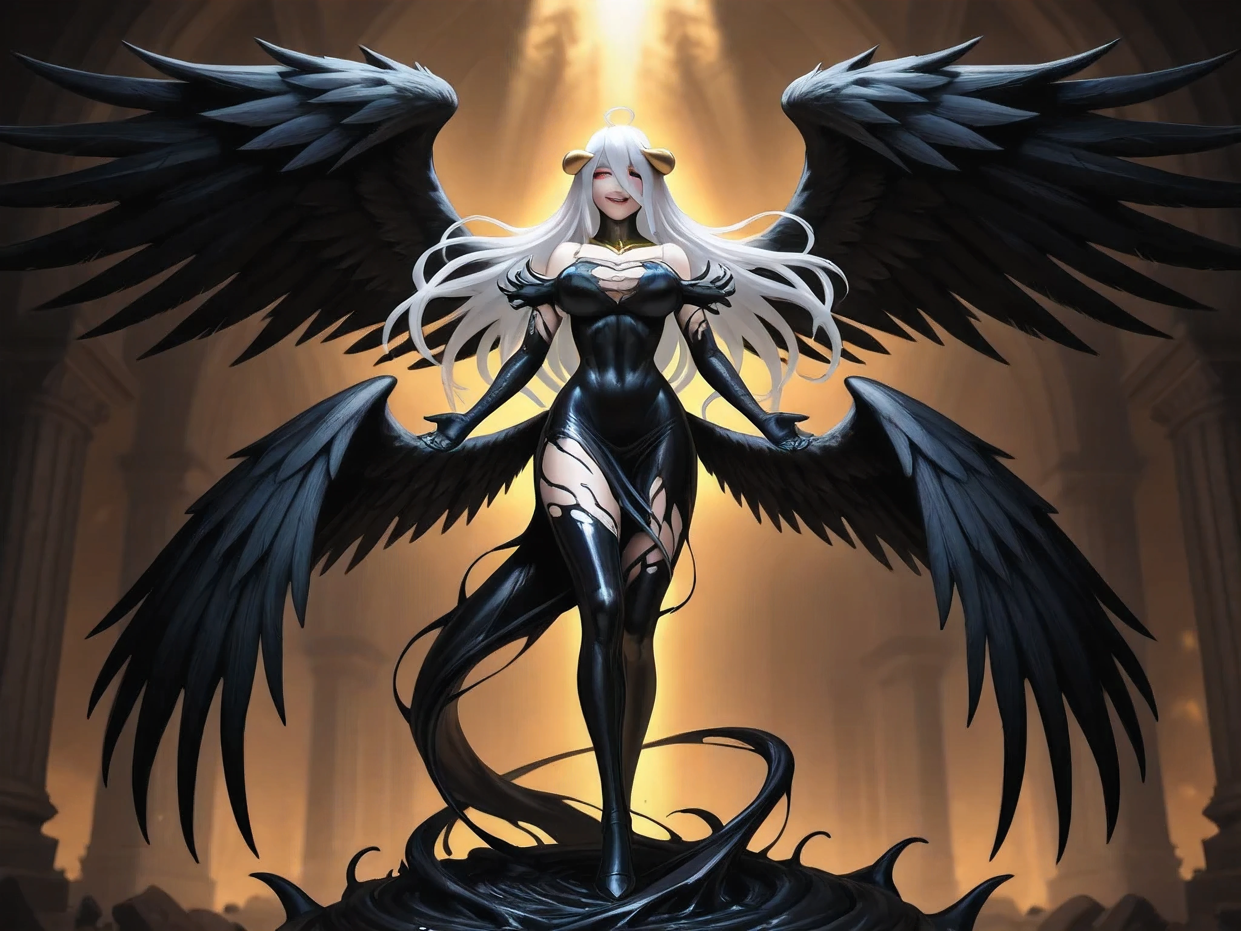 "Albedo from Overlord and Venom symbiote, dark fantasy anime style. Albedo in her gothic ta dress with white hair, golden horns, and black wings stands elegantly while Venom's black liquid form wraps around her body protectively. His massive toothed smile contrasts her delicate features, their eyes glow (red vs gold). Intricate details, dynamic pose, dark palace background with broken pillars. Fusion of elegance and horror, ultra-detailed, 8k, dramatic lighting, style of Wit Studio and Artgerm."