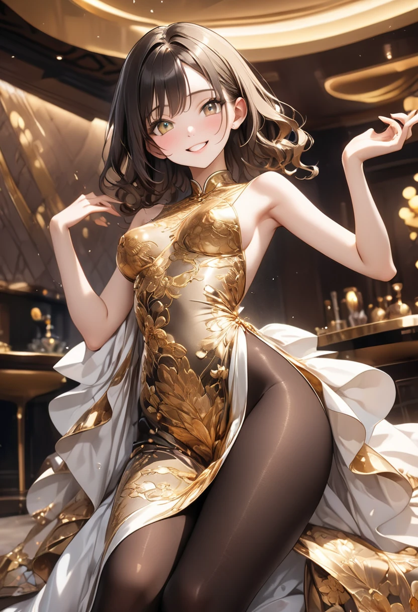 masterpiece, best quality, highres, viblos \(umamusume\), ultra-dtailed face, front, smile, twintail, hat, small breast, cleavage, dress, bra, jewelry, golden dress, bare shoulders, earrings, armlet, bracelet, high heels, handbag, luxury, celebrity, cowboy shot, street,