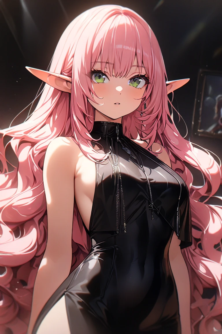 young girl, long pink hair, elf ears, red eyes, pink lipstick, crazy smile, small breasts, open shoulders, open belly, black mantle, long sleeves, claws, Shorts, Masterpiece, hiquality