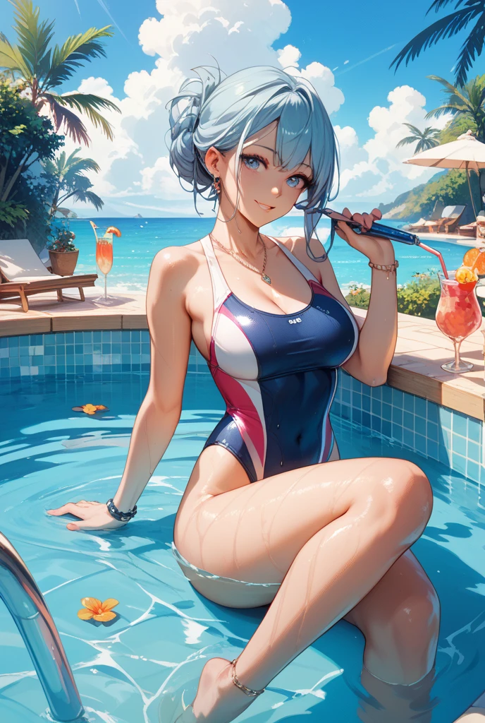best quality,masterpiece,Ultra-high resolution,(photoactual:1.4),Swimming Pond,Fairy Tail Characters（Elsa）,wearing sunglasses,Wear a bikini,On a recliner，enjoy the sun