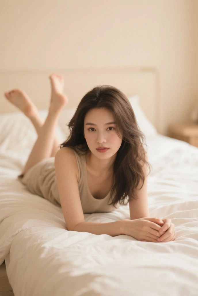 top-quality、​masterpiece、超A high resolution、Photorealsitic、Raw foto、1girl in、A sexyな外見、Hair on the shoulders、The lower half is curled and sauvage、Cute smile like a model、Hair color is blonde、Ordinary high heels、Eyes are double、Wearing mascara、モデルのようなkawaiiポーズ、Clear face、Gorgeous like a model、Ultimate Beauty、Cute smile、A slight smil、TWICEのツウィみたいなrenな顔、masuter piece、Best Quality、Cold winter clothes、ren、kawaii、lyin in bed、A sexy、Exposed thighs、an lingerie、