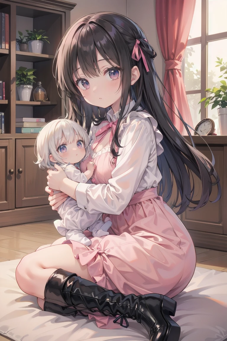 best quality, masterpiece,  
, short hair, putih hair, putih eyes, tachibana hibiki , energetic girl, young girl, (petite girl),
hospital bed, (hospital_gown), happy, hugging, holding infant, oyako, mother and daughter, family,  half-closed eyes, lactation, , open mouth,